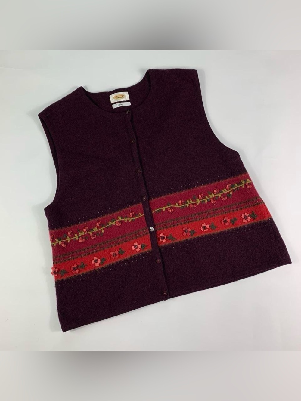 Talbots Lambswool Sweater Vest Embroidered Beaded Floral Coquette Plum Vintage